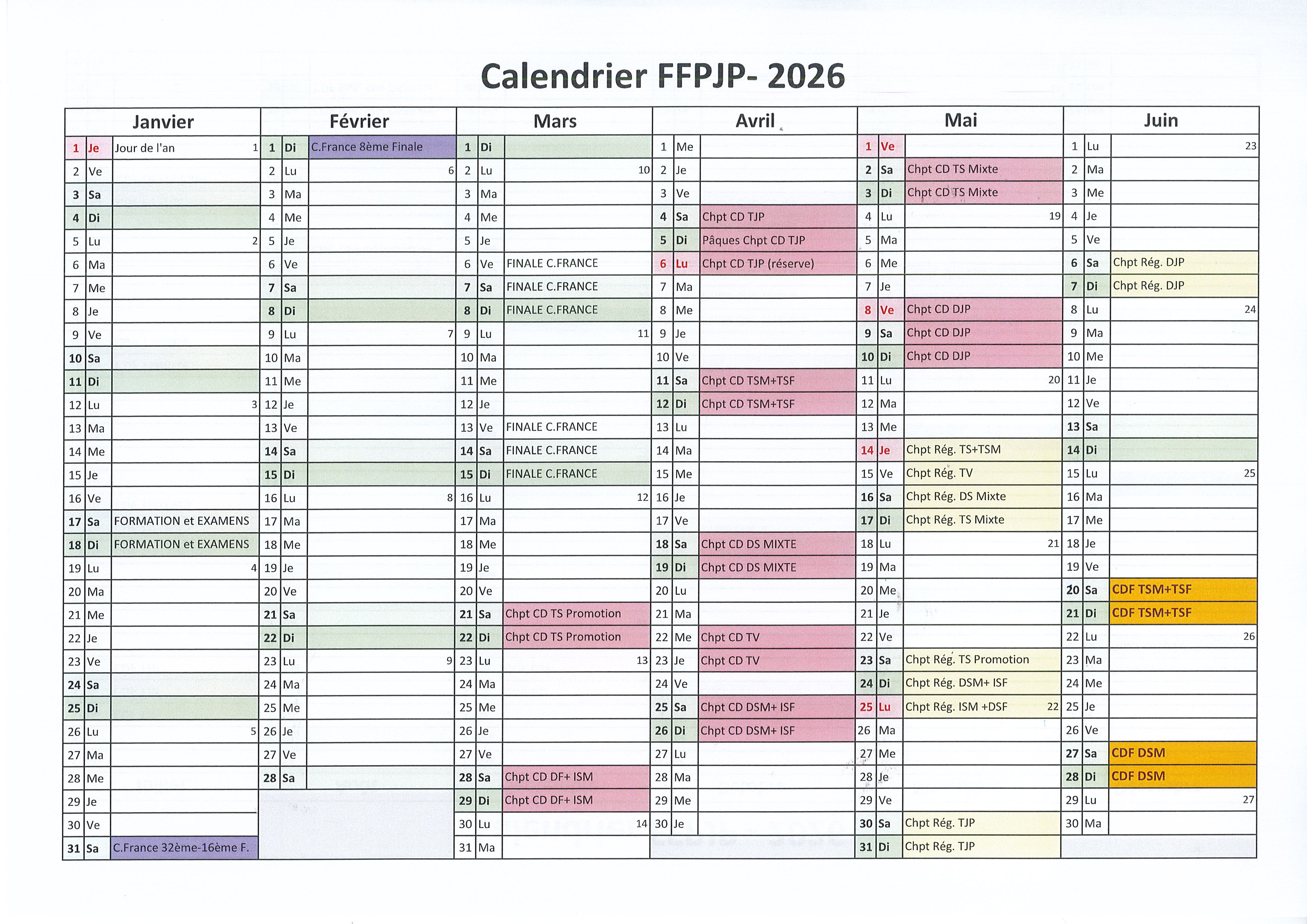 Calendrier FFPJP 2026