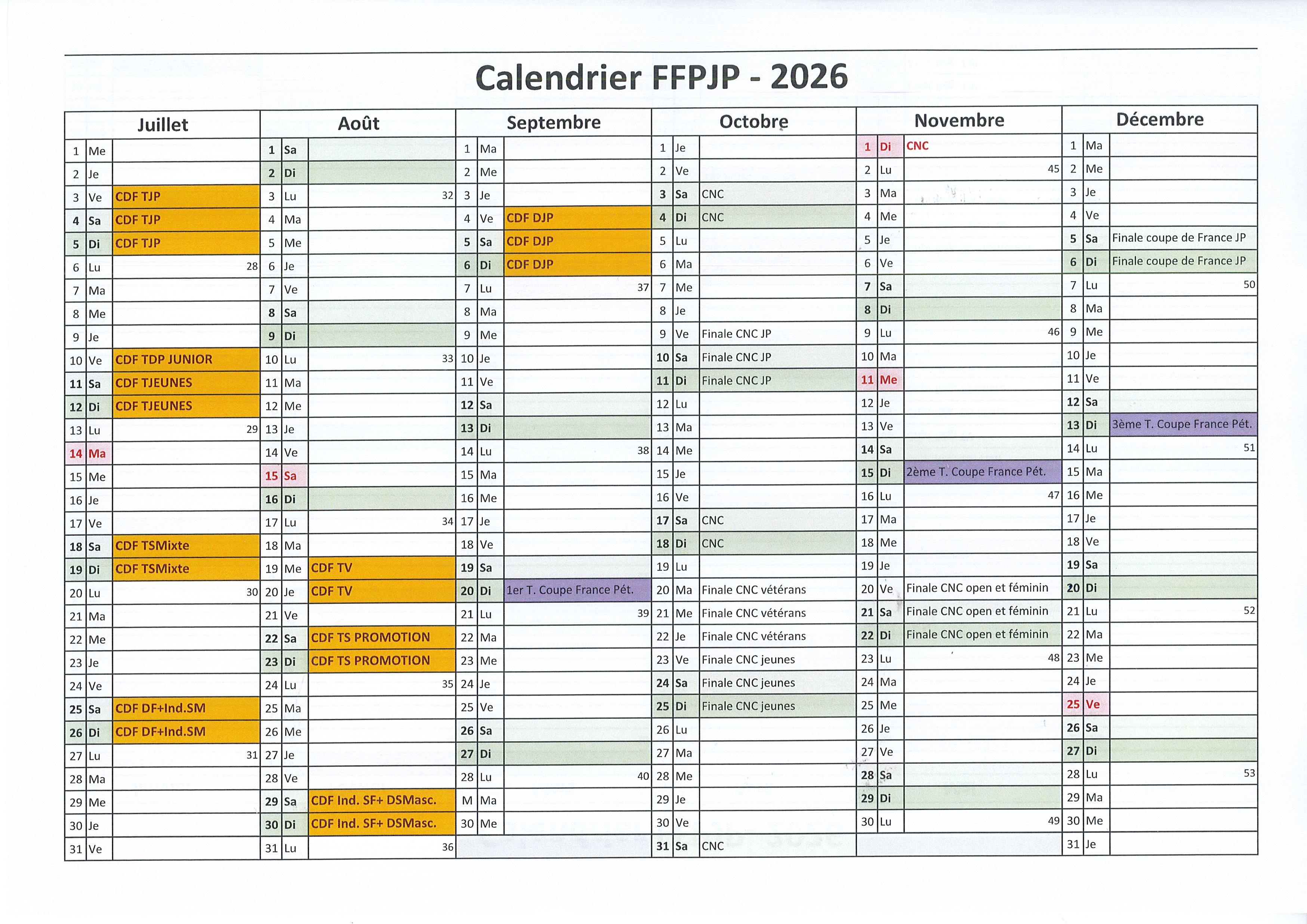 Calendrier FFPJP 2026