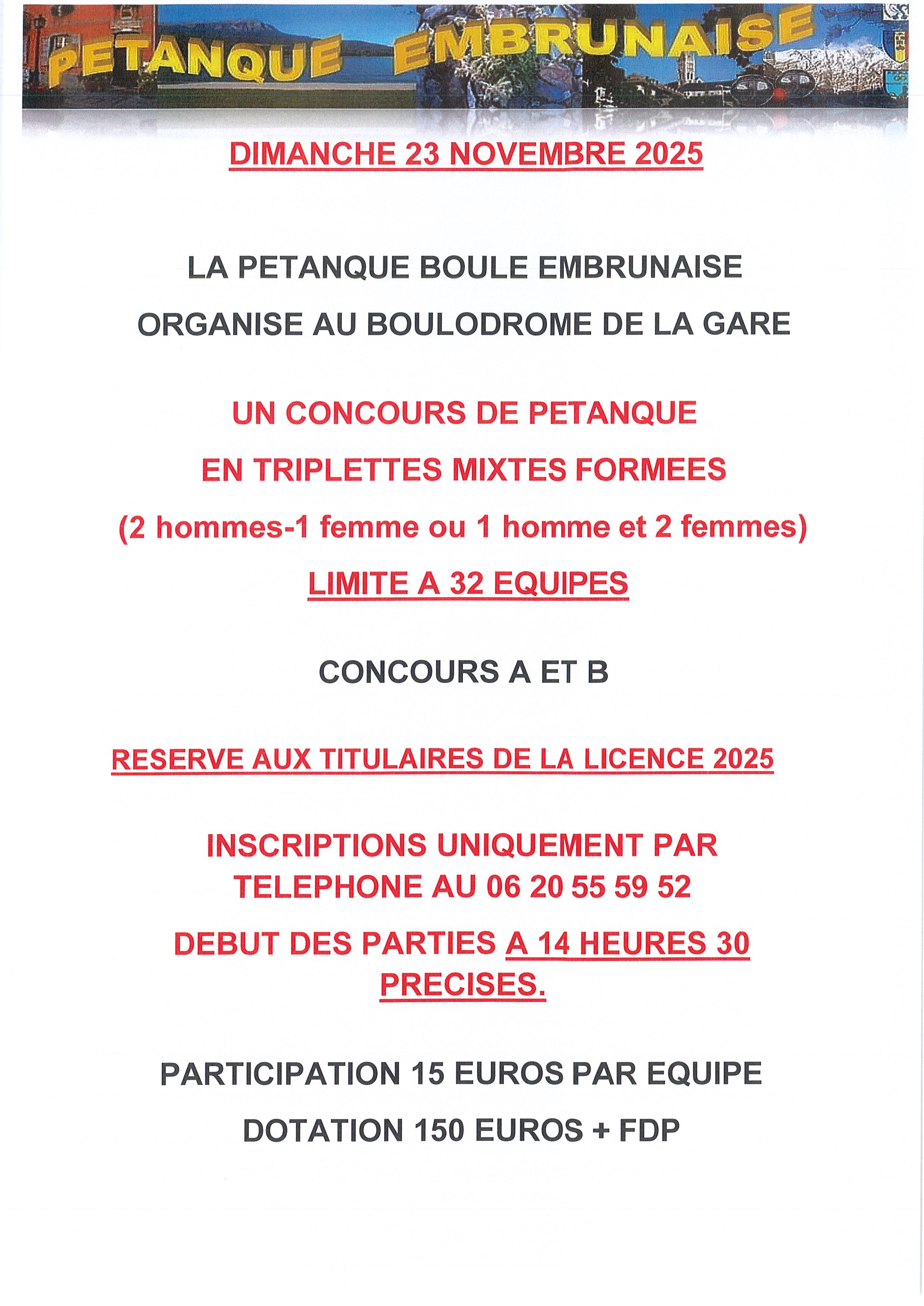 Concours Pétanque Triplettes Mixtes Formés à Embrun le 23 Novembre 2025