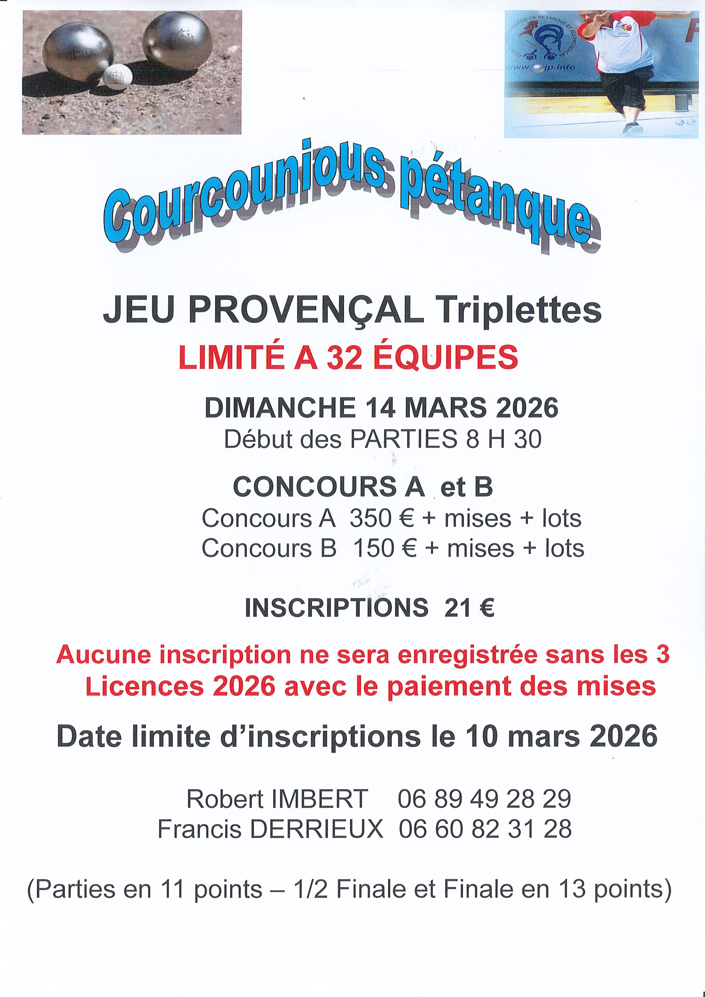 Concours Jeu Provençal Triplettes Courcounious à Gap Dimanche 14 Mars 2026