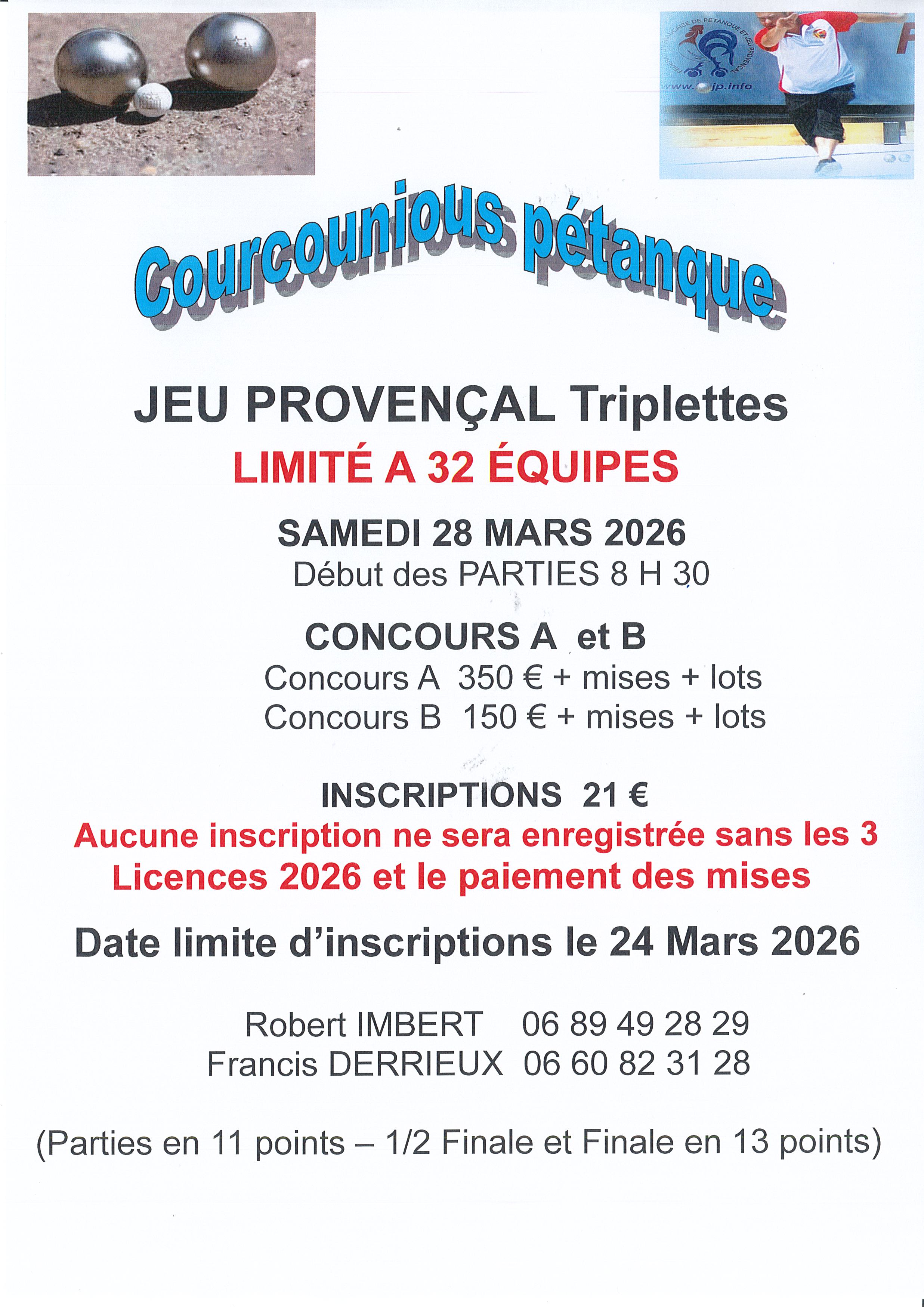 Concours Jeu Provençal Triplettes Courcounious à Gap Dimanche 28 Mars 2026