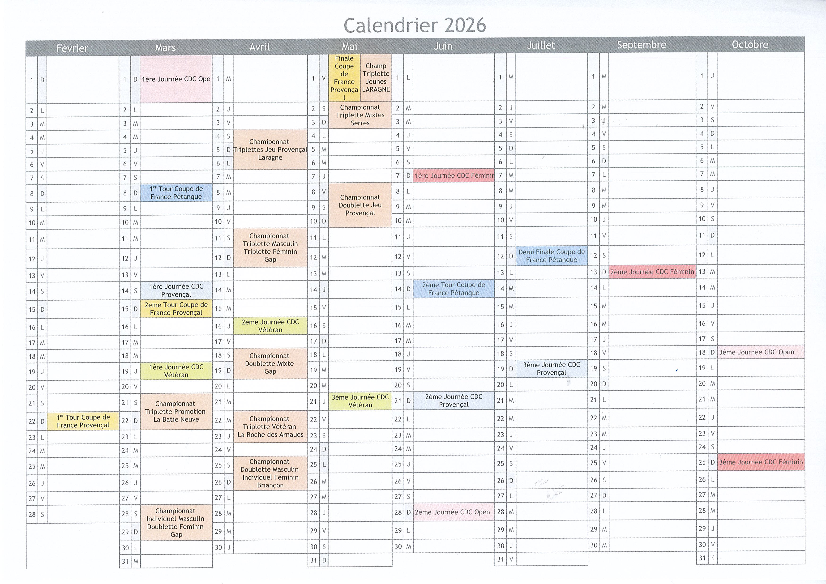 Calendrier FFPJP 2026