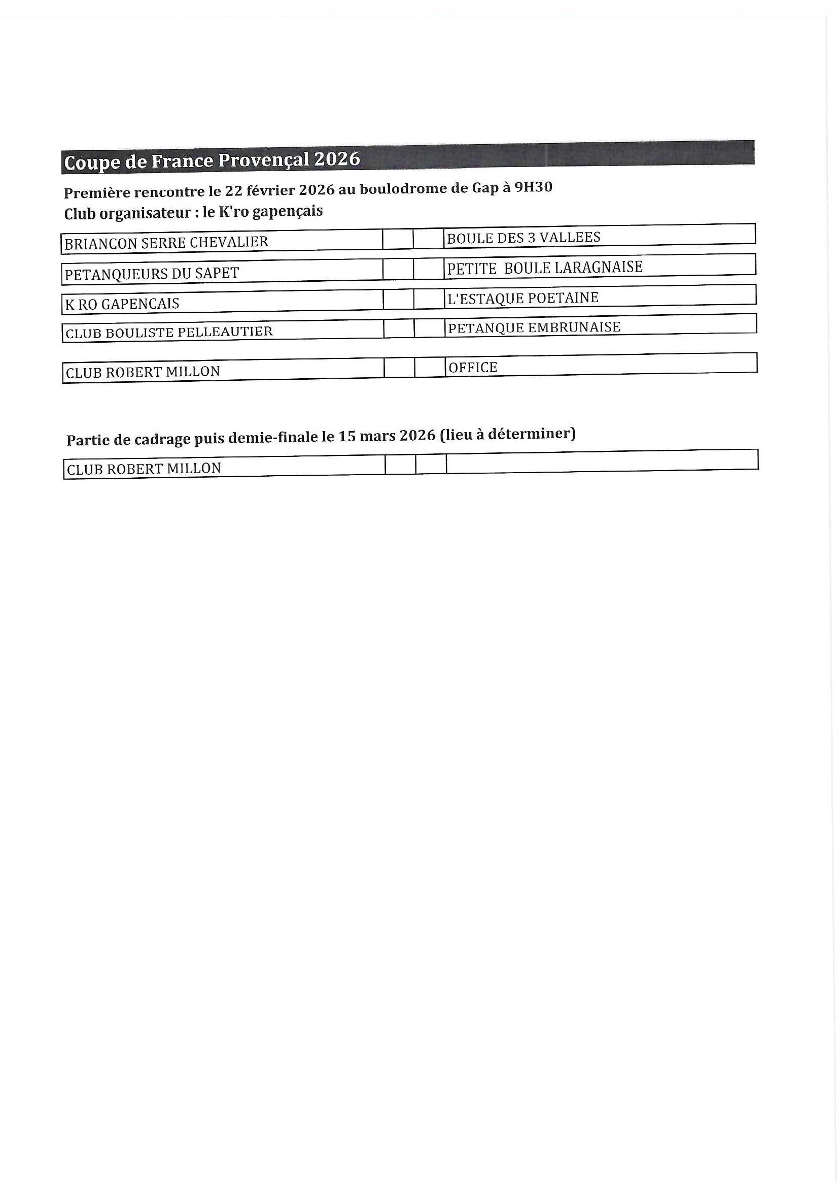 Tirage Coupe de France Provençal 22 Février 2026 9H30 à Gap