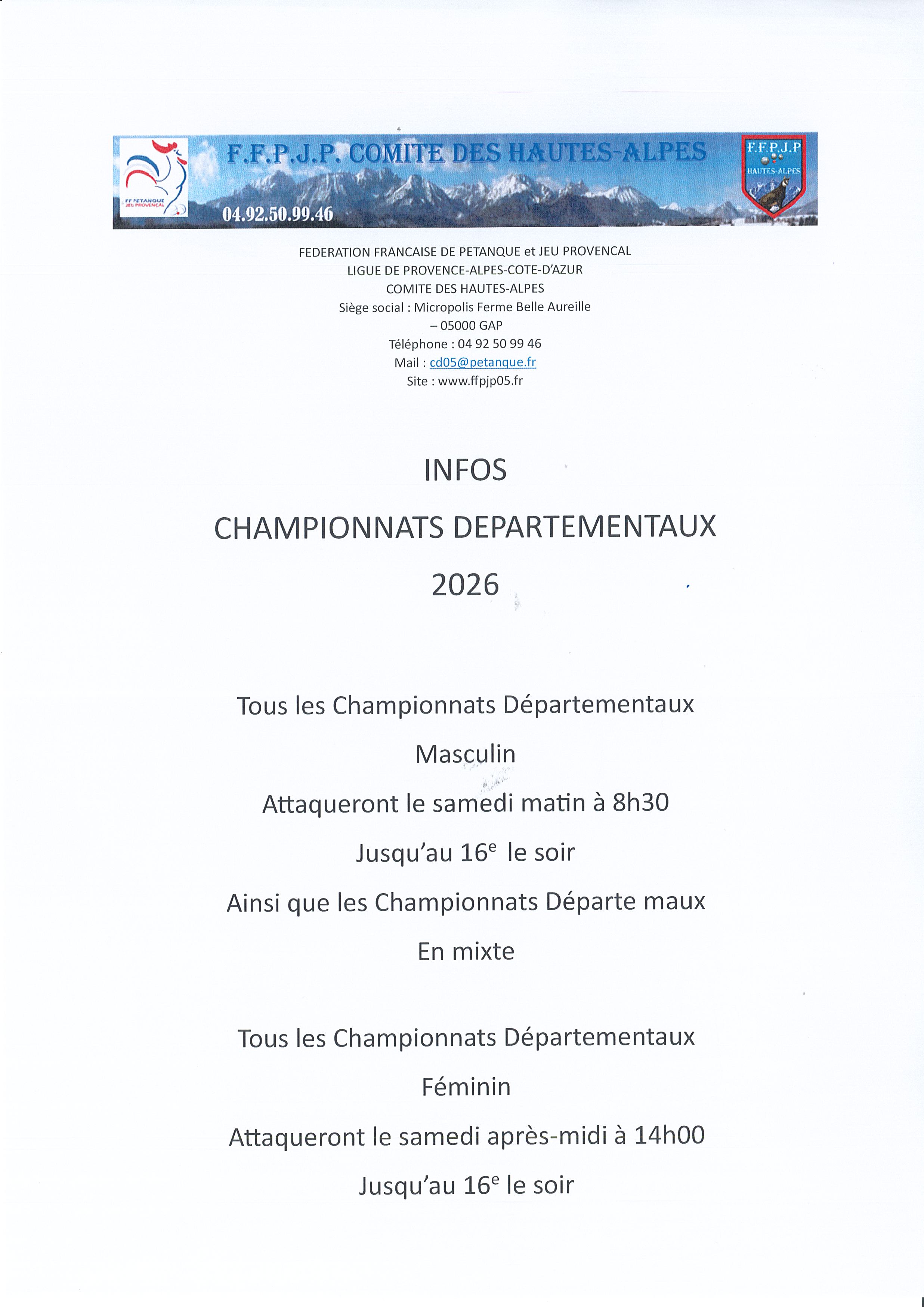 Information Championnats Départementaux