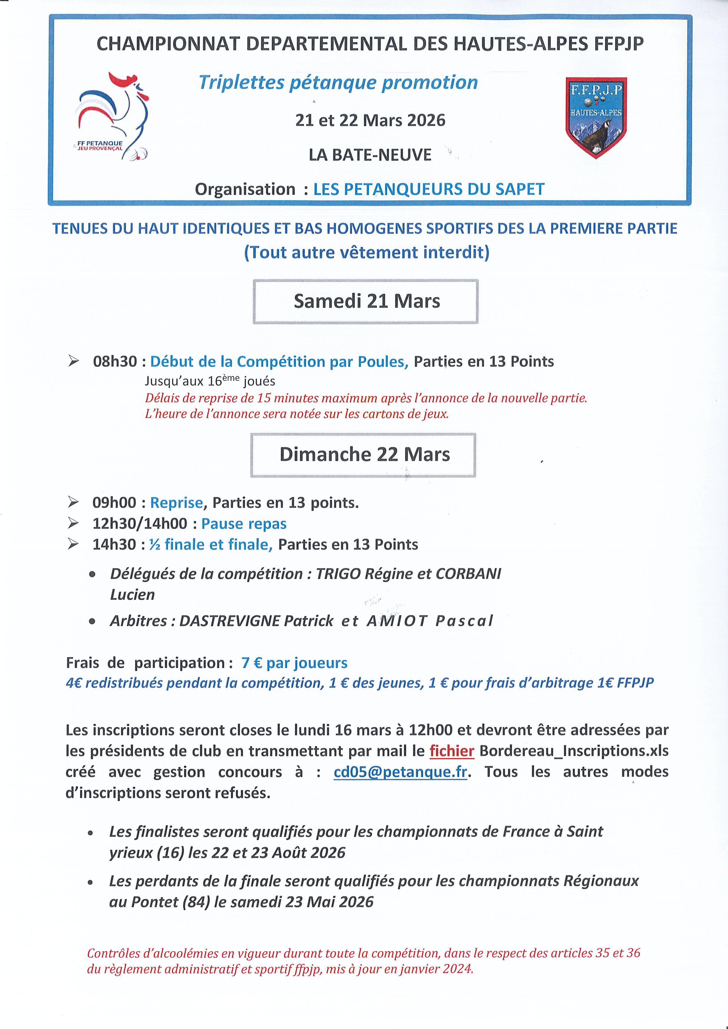 Championnat Départemental Triplettes Pétanque Promotion les 21 et 22 mars 2025 à La Bâtie-Neuve