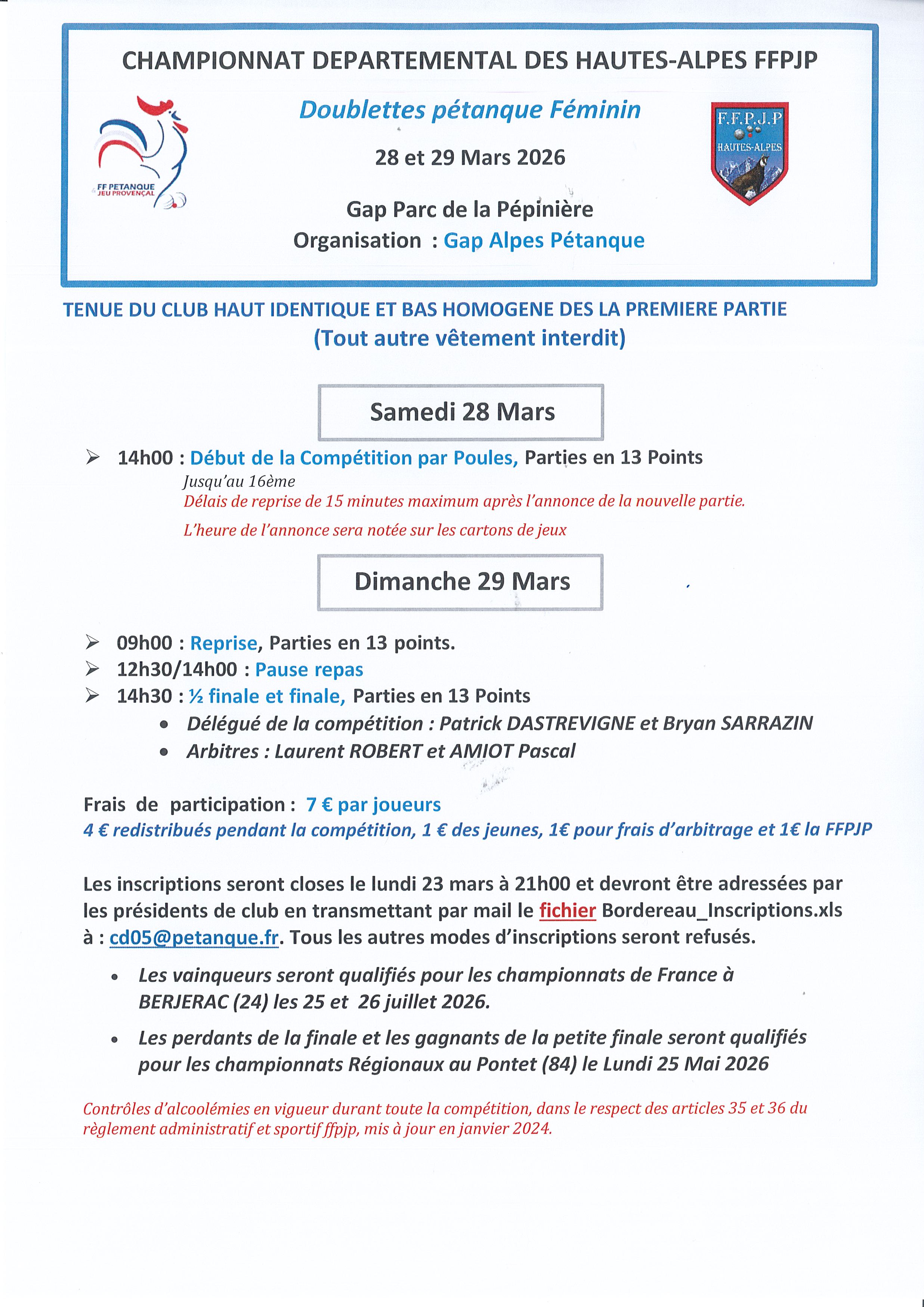 Championnat Départemental Doublettes Pétanque Féminin les 28 et 29 mars 2026 à GAP