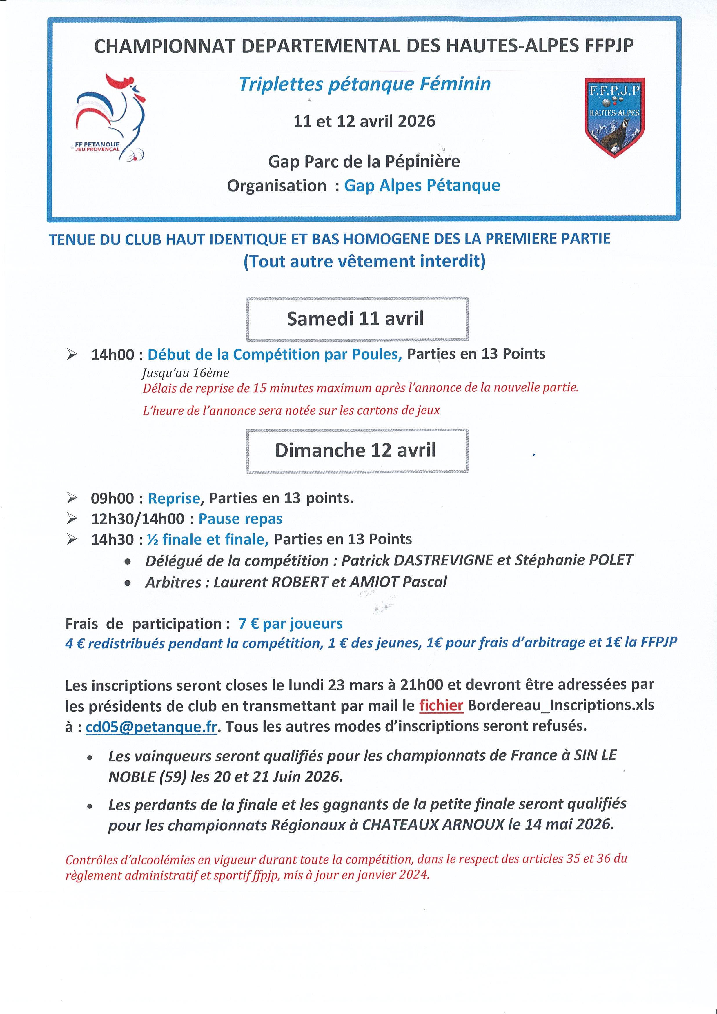 Championnat Départemental Triplettes Pétanque Féminin les 11 et 12 avril 2026 à GAP