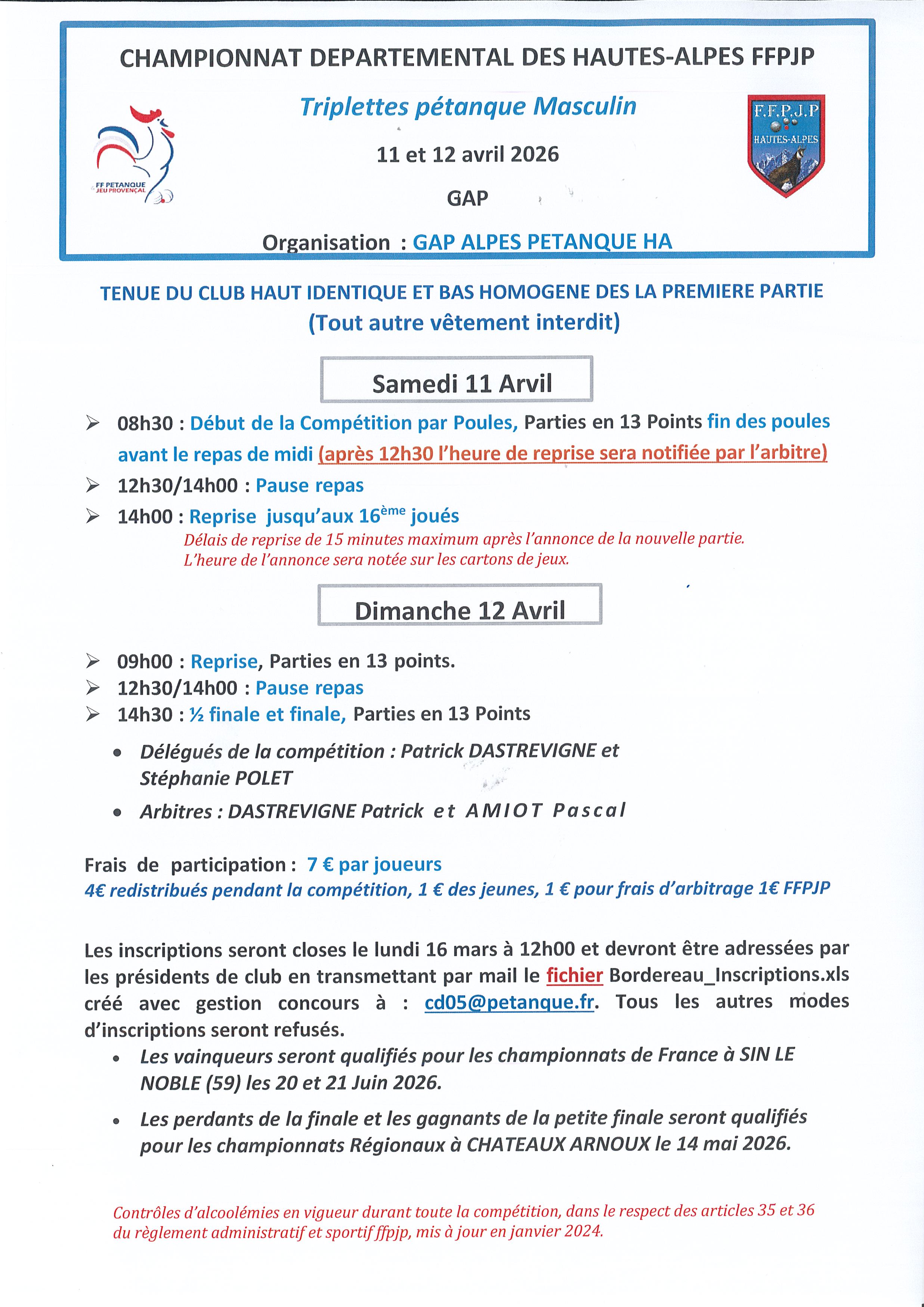 Championnat Départemental Triplettes Pétanque Masculin les 11 et 12 avril 2026 à GAP