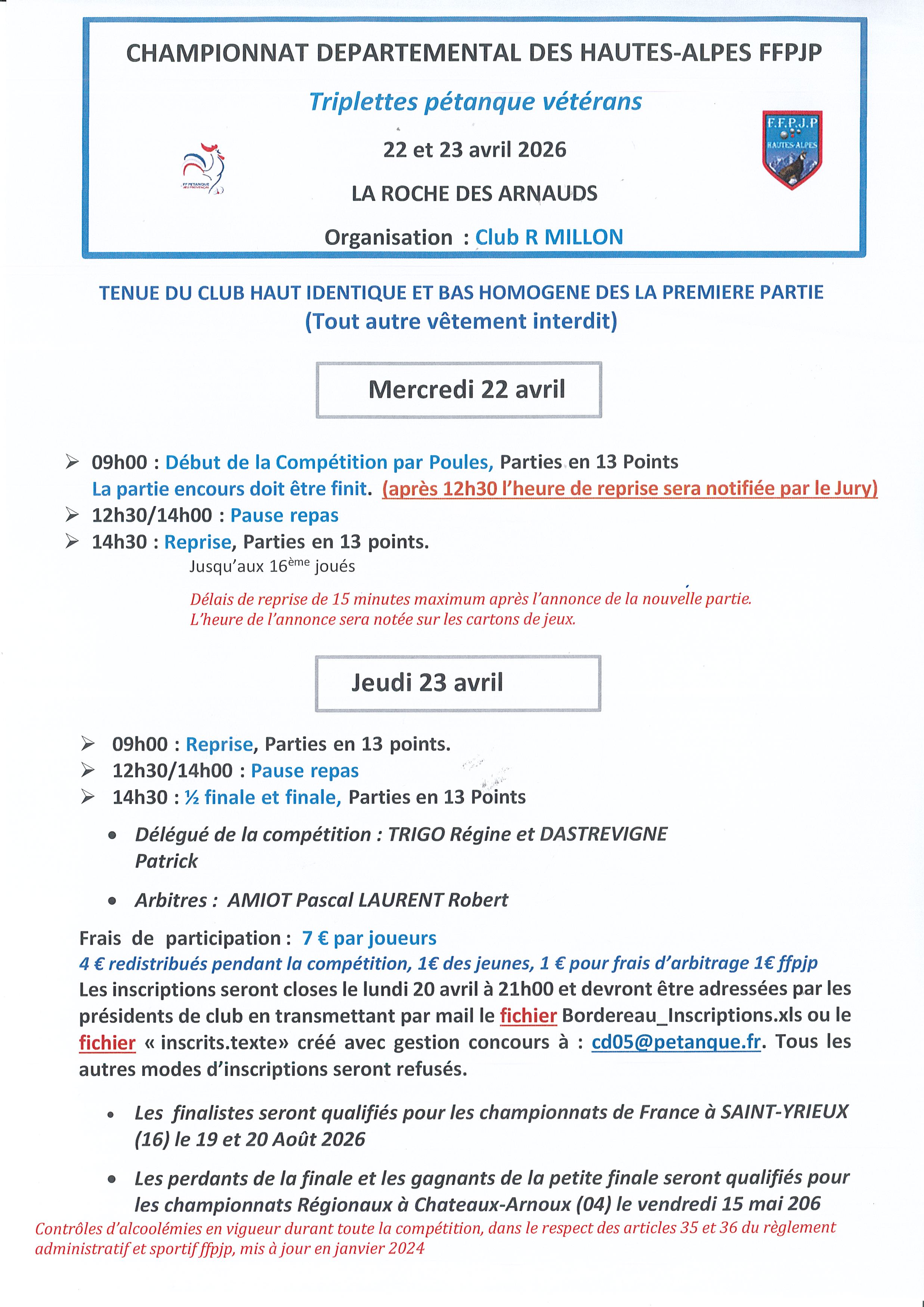 Championnat Départemental Triplette  Pétanque Vétérans les 22 et 23 avril 2026 à La Roche des Arnauds