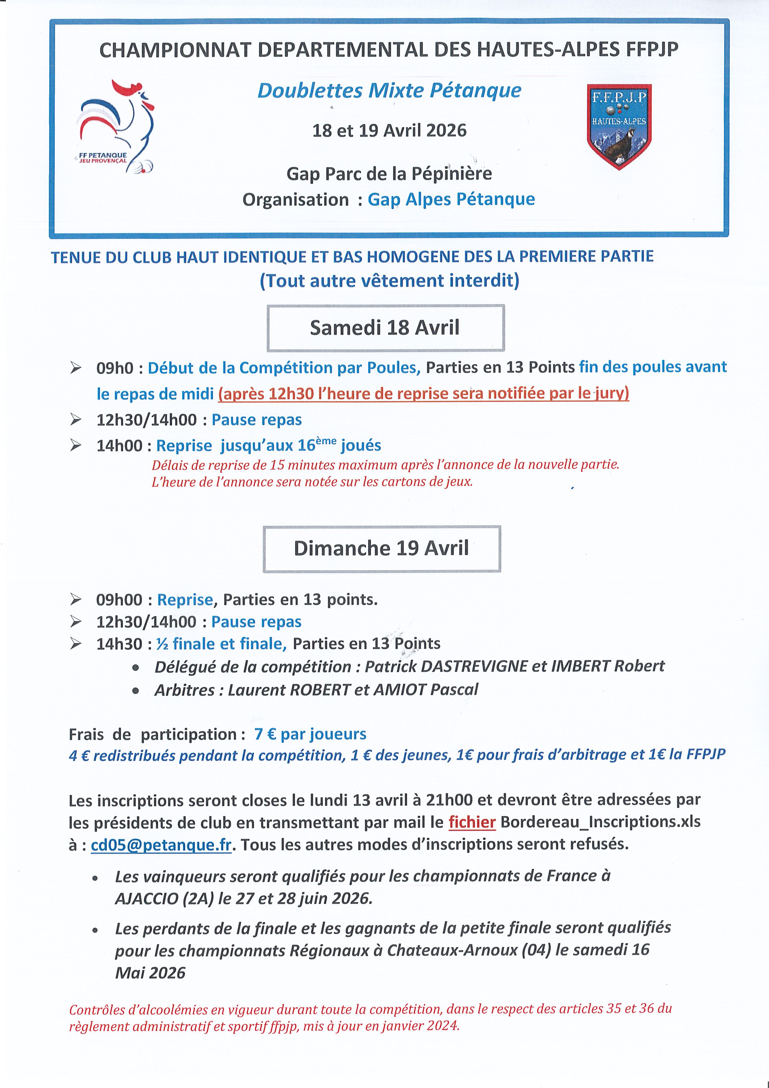 Championnat Départemental Doublettes Pétanque Mixtes les 18 et 19 avril 2026 à GAp