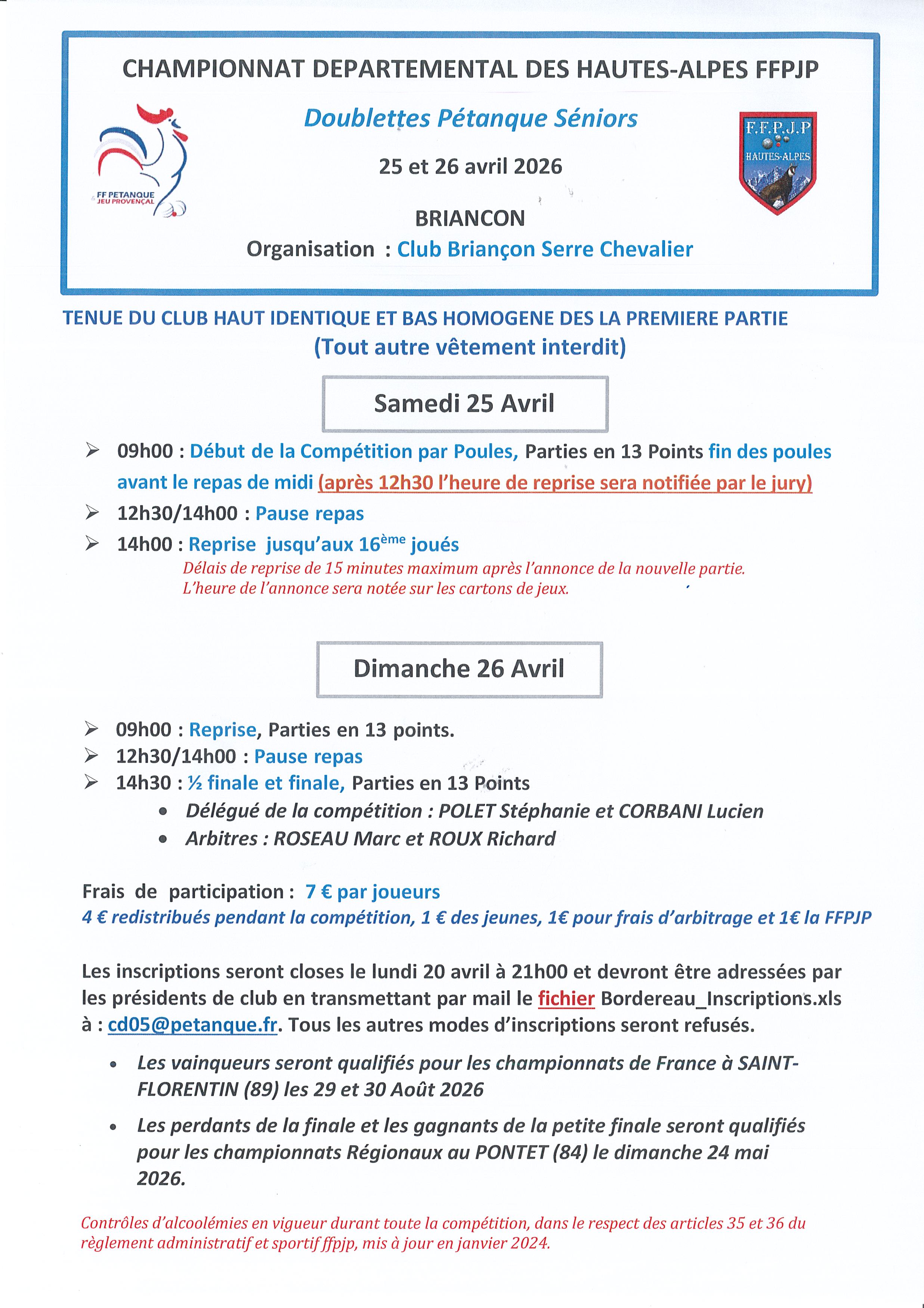 Championnat Départemental Doublettes Pétanque Masculin les 25 et 26 avril 2026 à Briançon