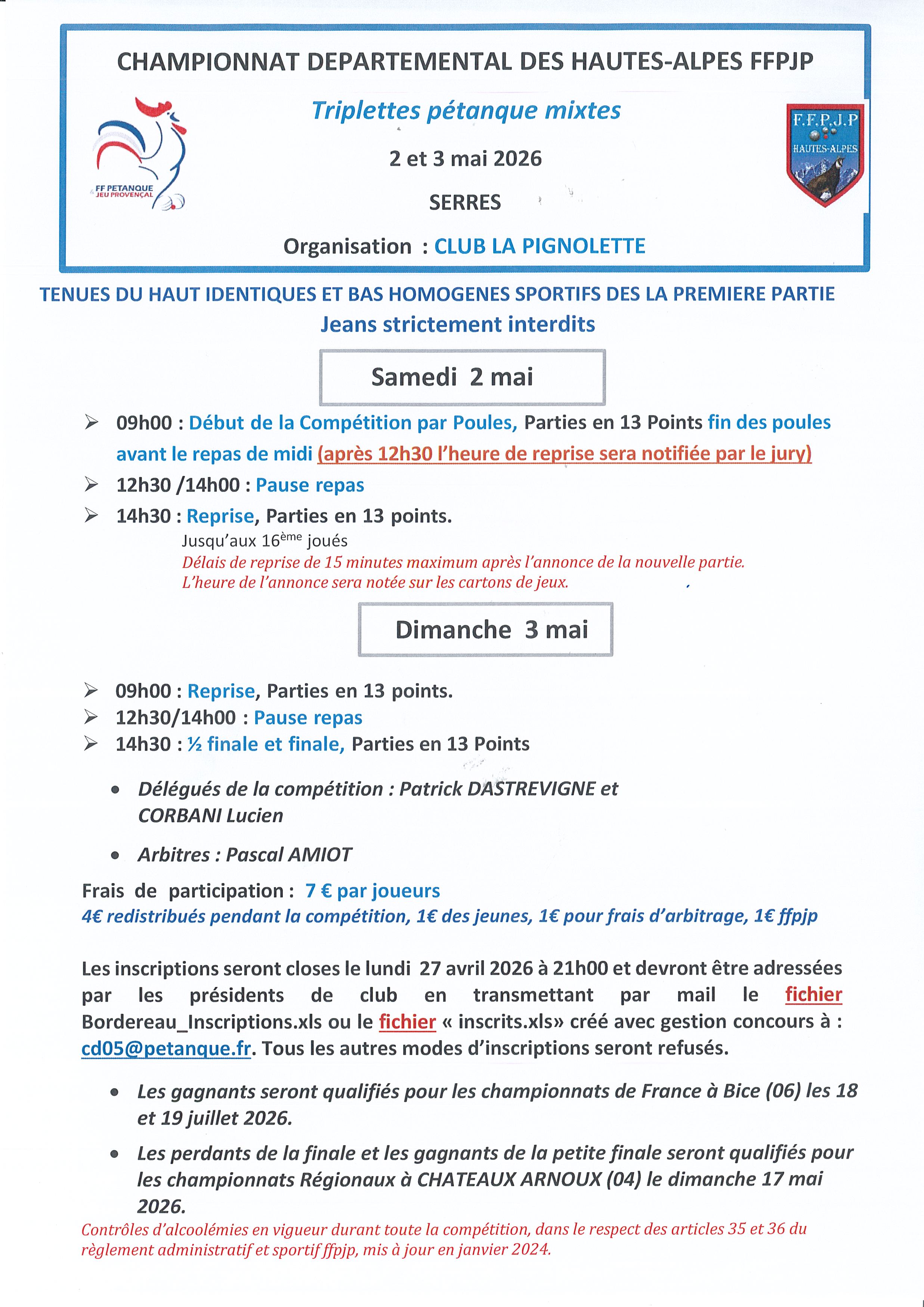 Championnat Départemental Triplette  Pétanque Mixtes les 1 et 2 mai 2026 à Serres