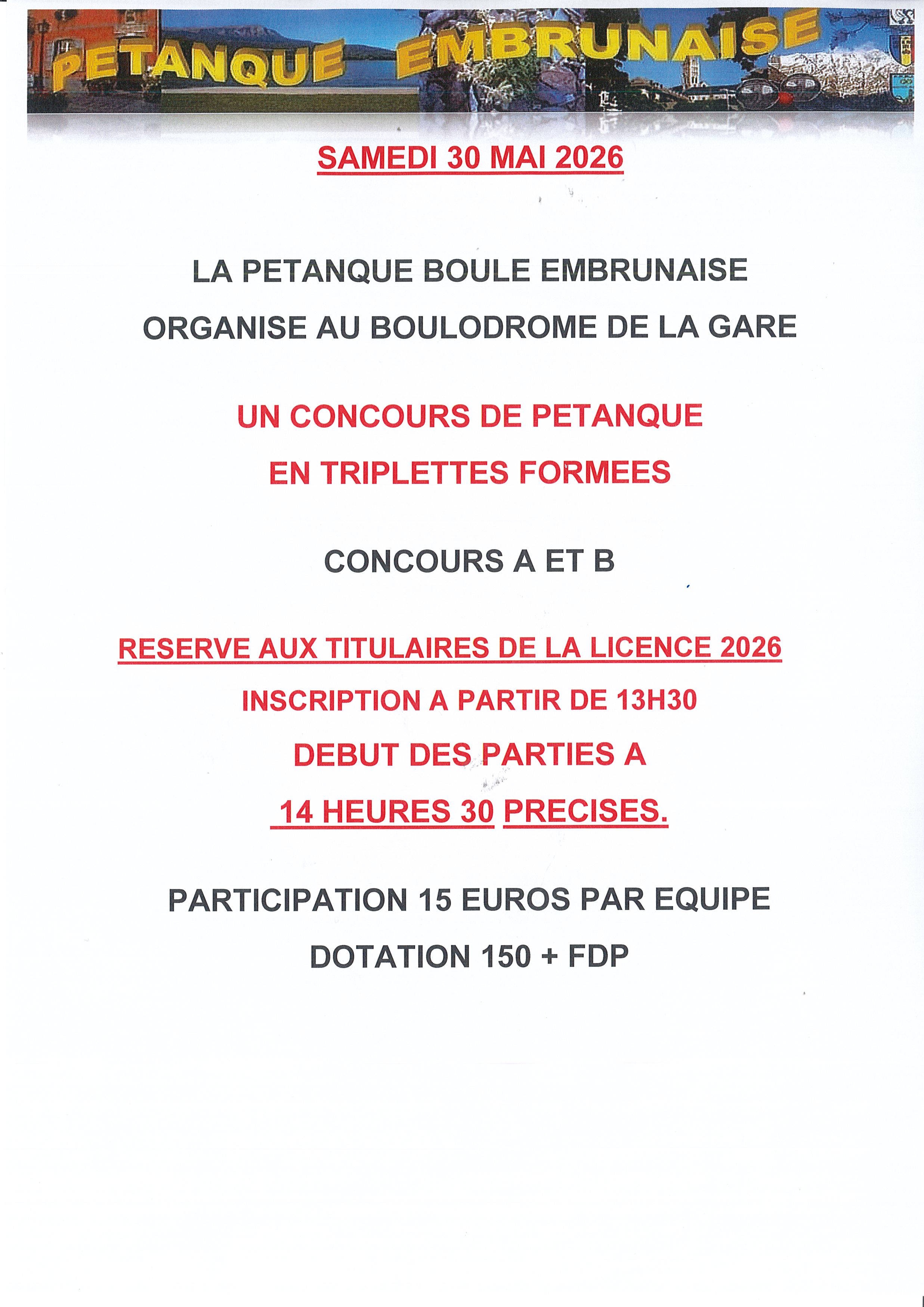 Concours de Pétansque à Embrun samedi 30 mai 2026
