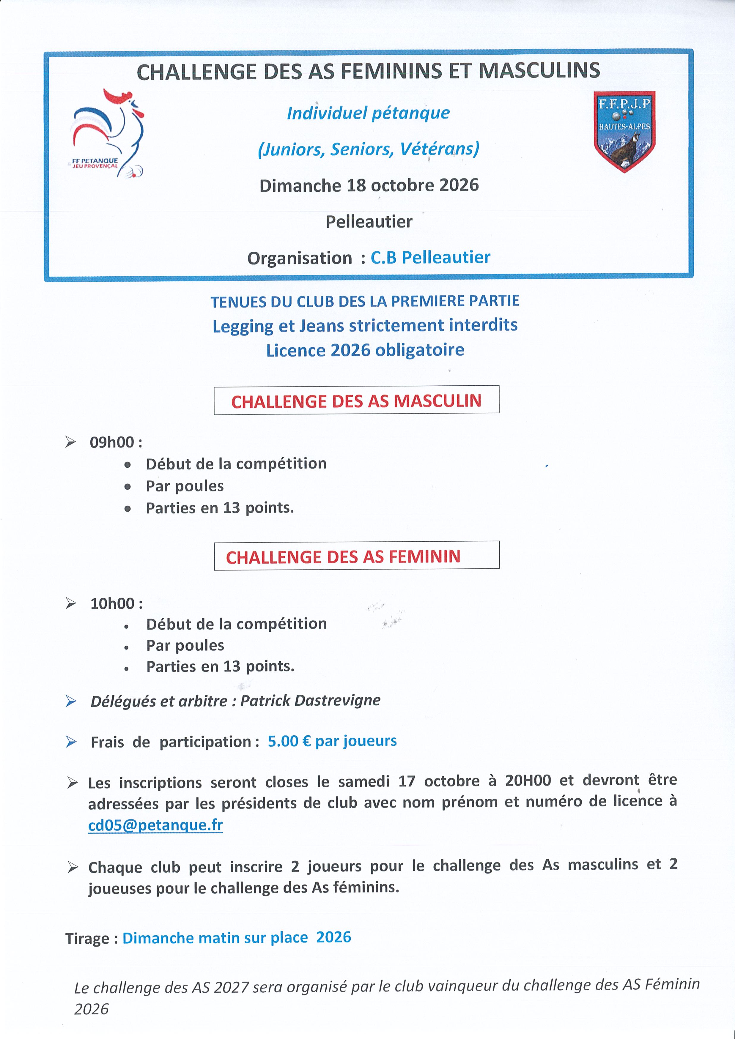 Challenge des AS Féminin et Masculin Dimanche 18 Octobre à Pelleautier 