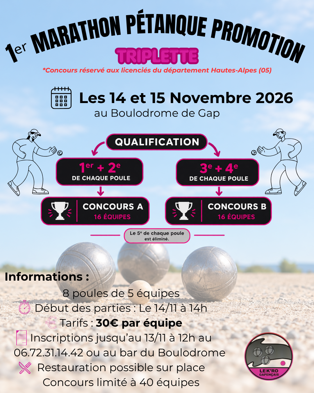 Marathon Triplette Promotion 14 et 15 Novembre 2026 au Boulodrome gap organisé par le K'ro Gapencais