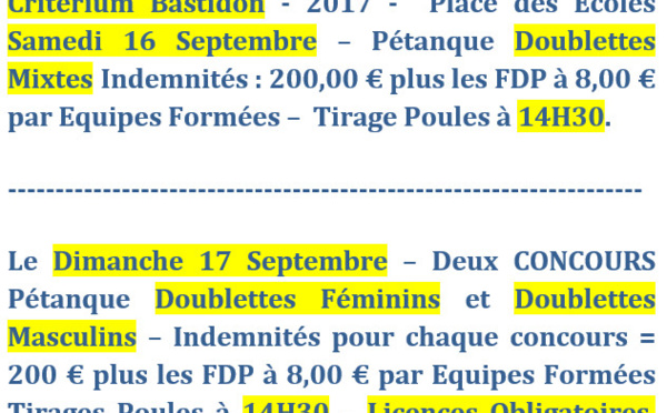 Critérium Batisdon - Samedi 16 et dimanche 17 septembre