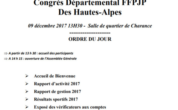 Congrès Départemental FFPJP 05 - Samedi 09 Décembre 2017 à partir de 13h30 à GAP - CHARANCE