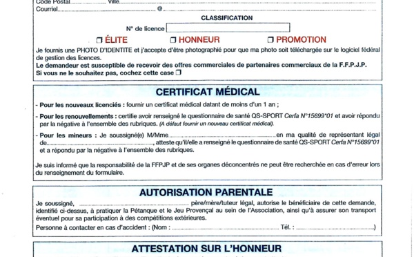Bordereau licence FFPJP 2020