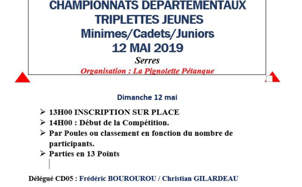 Championnat Départemental Triplettes Jeunes le dimanche 12 mai à SERRES