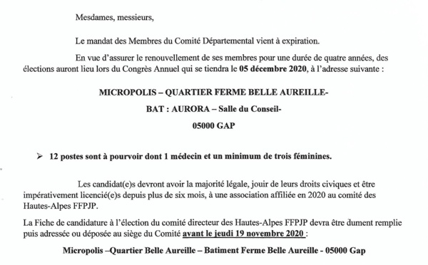 Appel à Candidature : Election 2020 Membres du comité Directeur mandat 2021-2024,  samedi 05 décembre 2020 13h30.